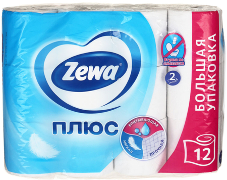 Бумага туалетная Zewa Plus, 12 рулонов, ширина 100 мм, белая