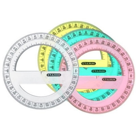 Транспортир пластиковый «Стамм», 12 см, 360°, прозрачный флюоресцентный, ассорти