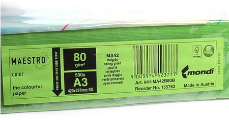 Бумага офисная цветная Maestro Color, А3 (297*420 мм), 80 г/м2, 500 л., ярко-зеленая Бумага офисная цветная Maestro Color, А3 (297*420 мм), 80 г/м2, 500 л., ярко-зеленая