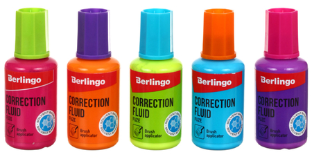 Корректирующая жидкость Berlingo Fuze, 20 мл, на основе растворителя, с кисточкой, корпус ассорти Корректирующая жидкость Berlingo Fuze, 20 мл, на основе растворителя, с кисточкой, корпус ассорти