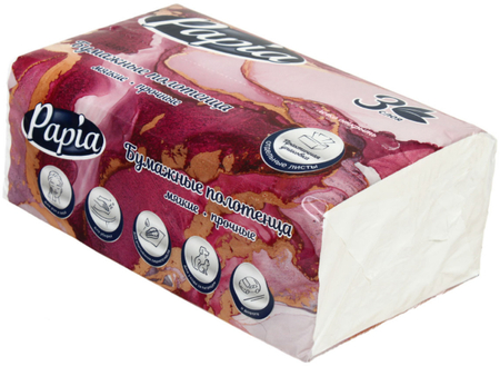 Полотенца бумажные Papia (в пачке), 1 пачка, ширина 205 мм, белые Полотенца бумажные Papia (в пачке), 1 пачка, ширина 205 мм, белые