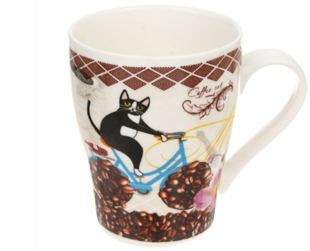 Кружка фарфоровая «ТВК», 340 мл, высота 10 см, «Черный котик на велосипеде»