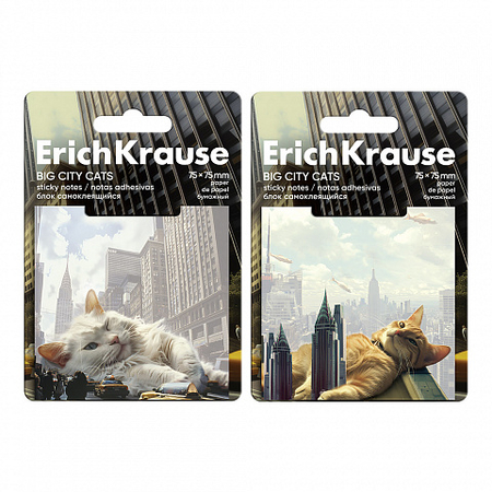 Бумага для заметок с липким краем ErichKrause, 75*75 мм, 1 блок*50 л., Big City Cats, ассорти