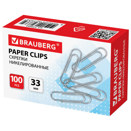 Скрепки проволочные Brauberg Standard, 33 мм, 100 шт., округлые, никелированные Скрепки проволочные Brauberg Standard, 33 мм, 100 шт., округлые, никелированные