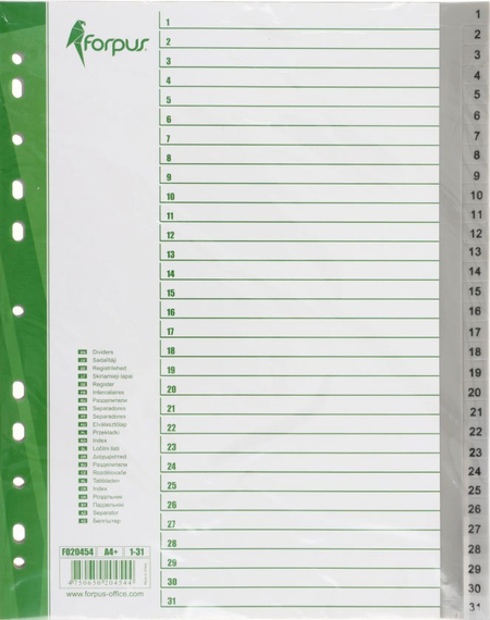 Разделители для папок-регистраторов пластиковые Forpus, 31 л., индексы по датам (1-31)
