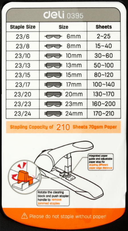 Степлер Deli 0395, скобы №23/6-23/25, 210 л., 370 мм, черный