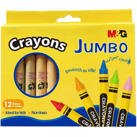 Мелки восковые M&G Jumbo, 12 цветов, 12 шт., диаметр 8 мм, длина 90 мм