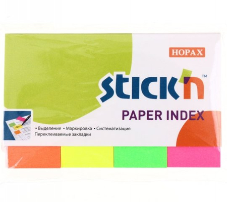 Закладки-разделители бумажные с липким краем Stick'n Paper Index, 20*50 мм, 50 л.*4 цвета, неон 