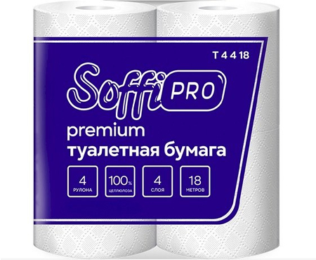 Бумага туалетная SoffiPro Premium, 4 рулона, ширина 95 мм, 18 м, белая