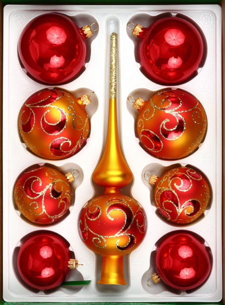 Набор шаров елочных с верхушкой «Сувенирный» (стекло), диаметр 6/7,5 см, 8 шт., верхушка 27,5 см, красный/золотистый
