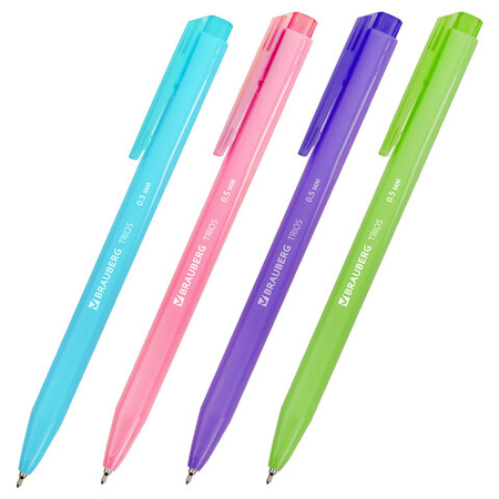 Ручка шариковая автоматическая одноразовая Brauberg Trios Bright Color, корпус ассорти, стержень синий