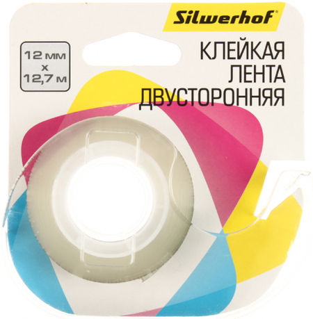 Клейкая лента двусторонняя полипропиленовая Silwerhof, 12 мм*12,7 м, прозрачная, с диспенсером (90*60*15 мм)
