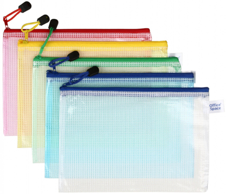 Папка-конверт пластиковая на молнии OfficeSpace А5, 240*150 мм, толщина пластика 0,25 мм, прозрачная, цвет молнии - ассорти