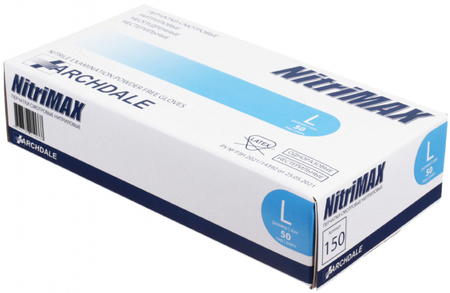 Перчатки нитриловые смотровые одноразовые Archdale NitriMax, размер L, 50 пар (100 шт.), голубые Перчатки нитриловые смотровые одноразовые Archdale NitriMax, размер L, 50 пар (100 шт.), голубые