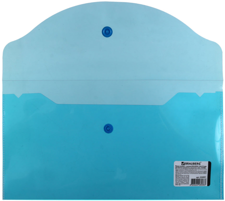 Папка-конверт пластиковая на кнопке Brauberg А6 (узкая), толщина пластика 0,18 мм, прозрачная синяя