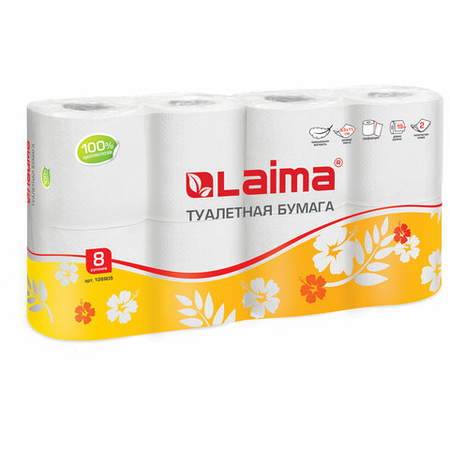 Бумага туалетная Laima, 8 рулонов, ширина 90 мм, белая