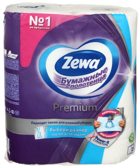 Полотенца бумажные Zewa Premium (в рулоне), 2 рулона, ширина 230 мм, белые