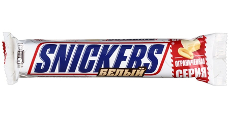 Батончик шоколадный Snickers, 81 г, White, с арахисом, карамелью и нугой Батончик шоколадный Snickers, 81 г, White, с арахисом, карамелью и нугой