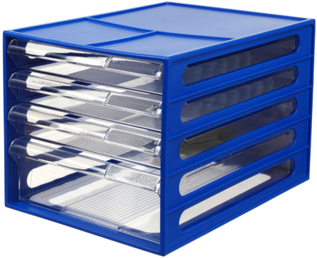 Файл-кабинет «Стамм», 340*250*225 мм, 4 лотка (3 верхних-глубина 25 мм, 1 нижний-глубина 70 мм), синий корпус, прозрачные лотки