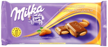 Шоколад Milka, 95 г, молочный шоколад с цельным миндалем