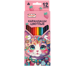 Карандаши цветные Kitty Stickers, 12 цветов, длина 175 мм