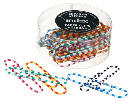 Скрепки цветные виниловые «Зебра» Index, 50 мм, 30 шт., округлые Скрепки цветные виниловые «Зебра» Index, 50 мм, 30 шт., округлые
