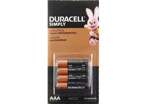 Батарейки щелочные Duracell Simply, AAA, LR03, 1.5V, 4 шт.