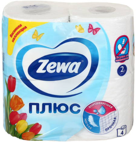 Бумага туалетная Zewa «Плюс», 4 рулона, ширина 90 мм, белая