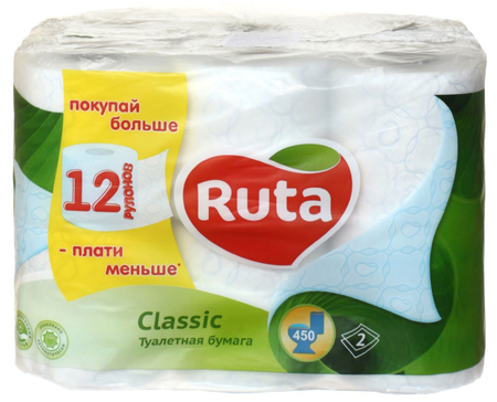 Бумага туалетная Ruta Classic, 12 рулонов, ширина 95 мм, белая с рисунком