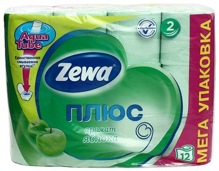 Бумага туалетная Zewa «Плюс», 12 рулонов, ширина 95 мм, «Яблоко», зеленая