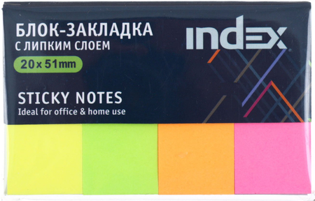 Закладки-разделители бумажные с липким краем Index, 20*50 мм, 40 л.*4 цвета, неон