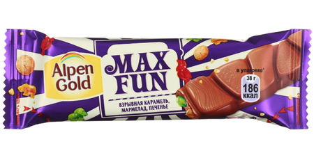 Шоколад Alpen Gold Max Fun, 38 г, MaxFan, взрывная карамель, мармелад и печенье