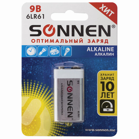 Батарейка щелочная Sonnen Alkaline, 6LR61, 9V, тип «Крона» Батарейка щелочная Sonnen Alkaline, 6LR61, 9V, тип «Крона»