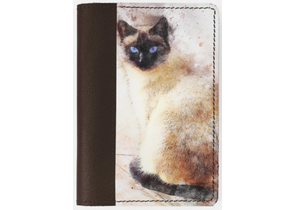 Обложка на паспорт из натуральной кожи комбинированная, 9,5×13,3×0,3см, «Сиамская кошка», шоколадно-белая