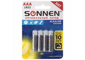 Батарейки щелочные Sonnen Alkaline, AAA, LR03, 1.5V, 4 шт. Батарейки щелочные Sonnen Alkaline, AAA, LR03, 1.5V, 4 шт.