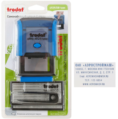 Штамп самонаборный на 6 строк Trodat 4929/DB typo, размер текстовой области 50*30 мм, корпус синий Штамп самонаборный на 6 строк Trodat 4929/DB typo, размер текстовой области 50*30 мм, корпус синий