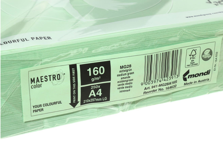 Бумага офисная цветная Maestro, А4 (210*297 мм), 160 г/м2, 250 л., зеленая