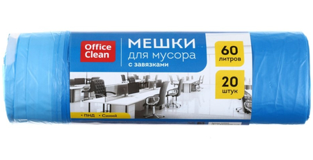 Пакеты для мусора OfficeClean (ПНД), 60 л, 20 шт., с завязками, синие