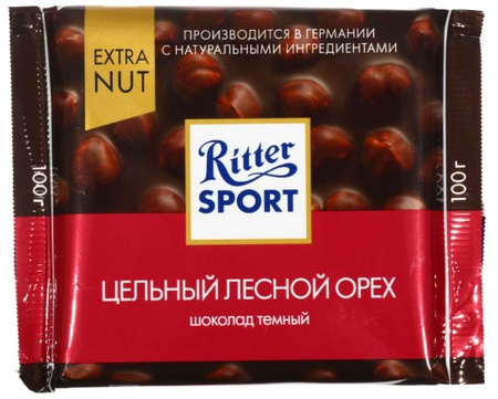 Шоколад Ritter Sport, 100 г, темный шоколад с цельным лесным орехом