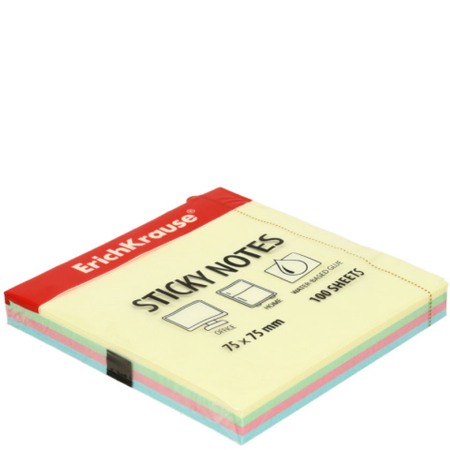 Бумага для заметок с липким краем ErichKrause, 75*75 мм, 1 блок*100 л., 4 цвета