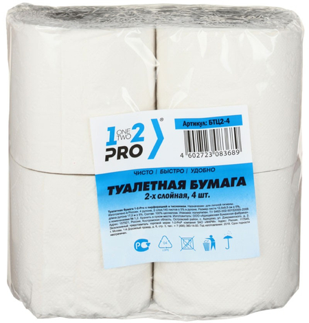 Бумага туалетная 1-2-Pro, 4 рулона, ширина 95 мм, белая