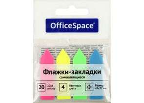 Закладки-разделители пластиковые с липким краем OfficeSpace, 45×12 мм, 20 л.×4 цвета, стрелки, неон