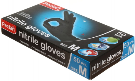 Перчатки нитриловые одноразовые Paclan, размер M, 25 пар (50 шт.), черные Перчатки нитриловые одноразовые Paclan, размер M, 25 пар (50 шт.), черные