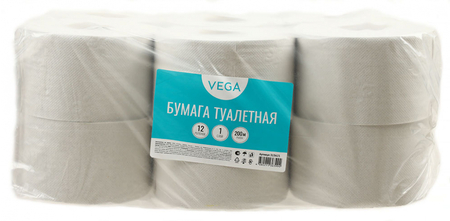 Бумага туалетная Vega Professional, 12 рулонов, ширина 95 мм, 200 м, серая