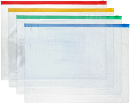 Папка-конверт пластиковая на молнии OfficeSpace А4, 330*240 мм/325*230 мм, толщина пластика 0,12 мм, прозрачная, (цвет молнии - ассорти)