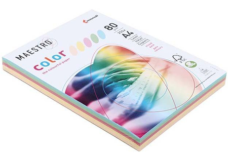 Бумага офисная цветная Maestro Mix (несколько цветов в упаковке), А4 (210*297 мм), 80 г/м2, 250 л., Mix 5 цветов, пастель 