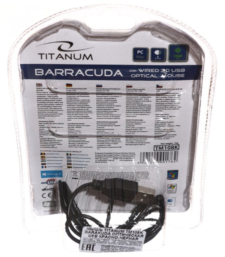 Мышь компьютерная Titanum Barracuda TM108K , USB, проводная, черная с красным