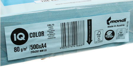 Бумага офисная цветная IQ Color, А4 (210*297 мм), 80 г/м2, 500 л., голубой лед
