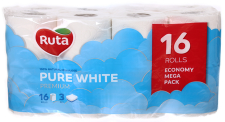 Бумага туалетная Ruta Premium, 16 рулонов, ширина 95 мм, Pure White, белая