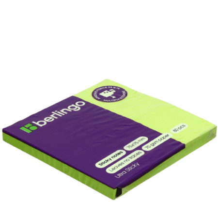 Бумага для заметок с липким краем Berlingo Ultra Sticky, 75*75 мм, 1 блок*80 л., зеленая, неон